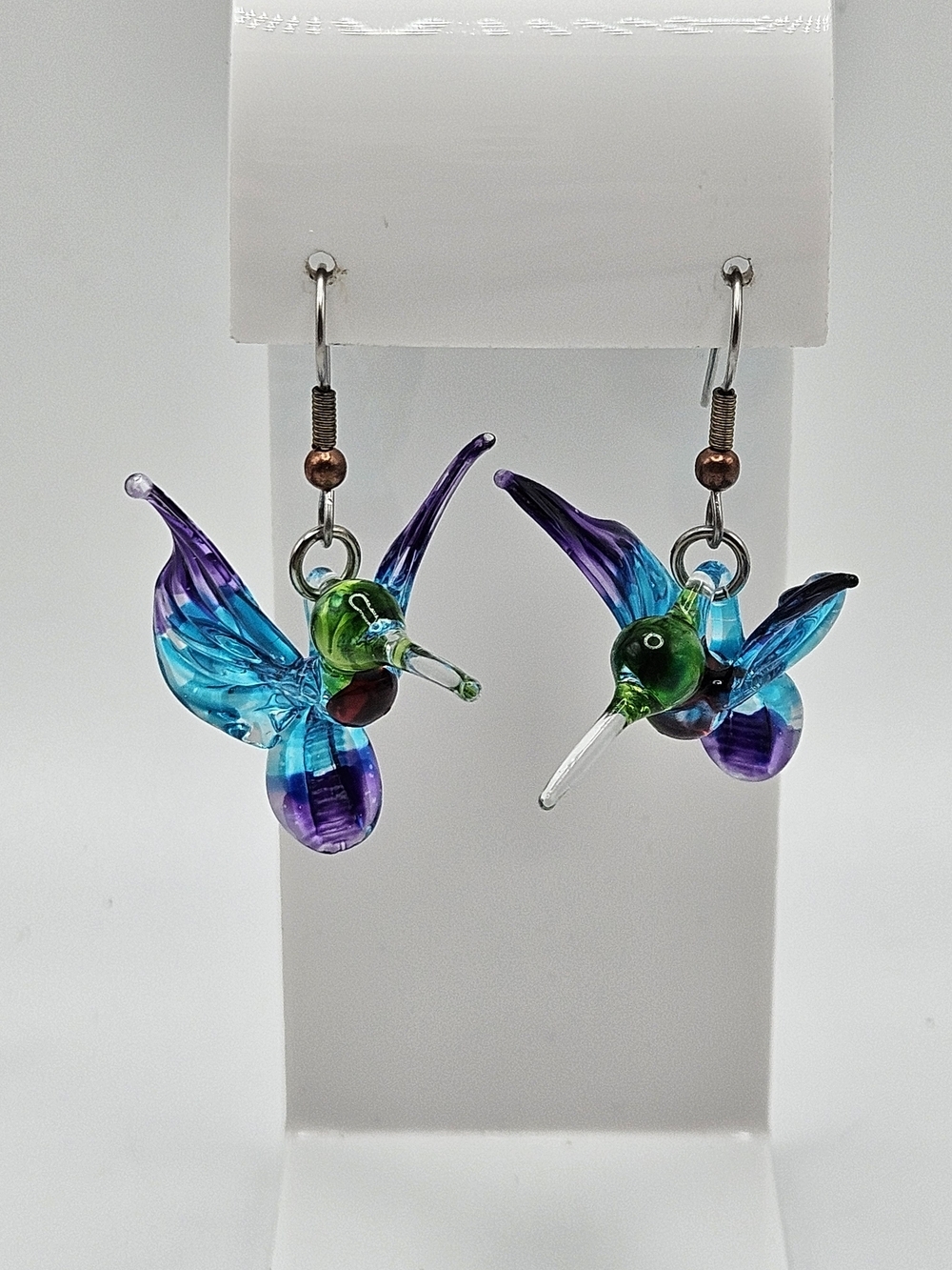 Colorful Glass Hummingbird Dangle Earrings French Wire Purple and Blue